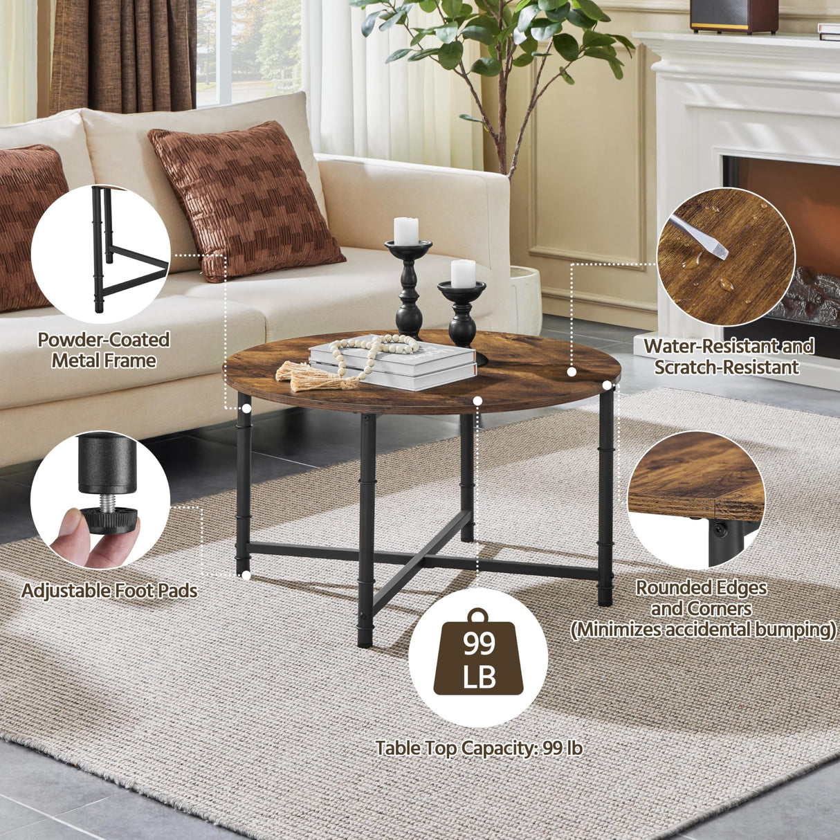 Yaheetech Round Coffee Table, Small Coffee Table with Sturdy Metal Legs for Living Room, Rustic Wood Circle Tables Easy to Assemble, 31.5 x 17.7 Inches Yaheetech