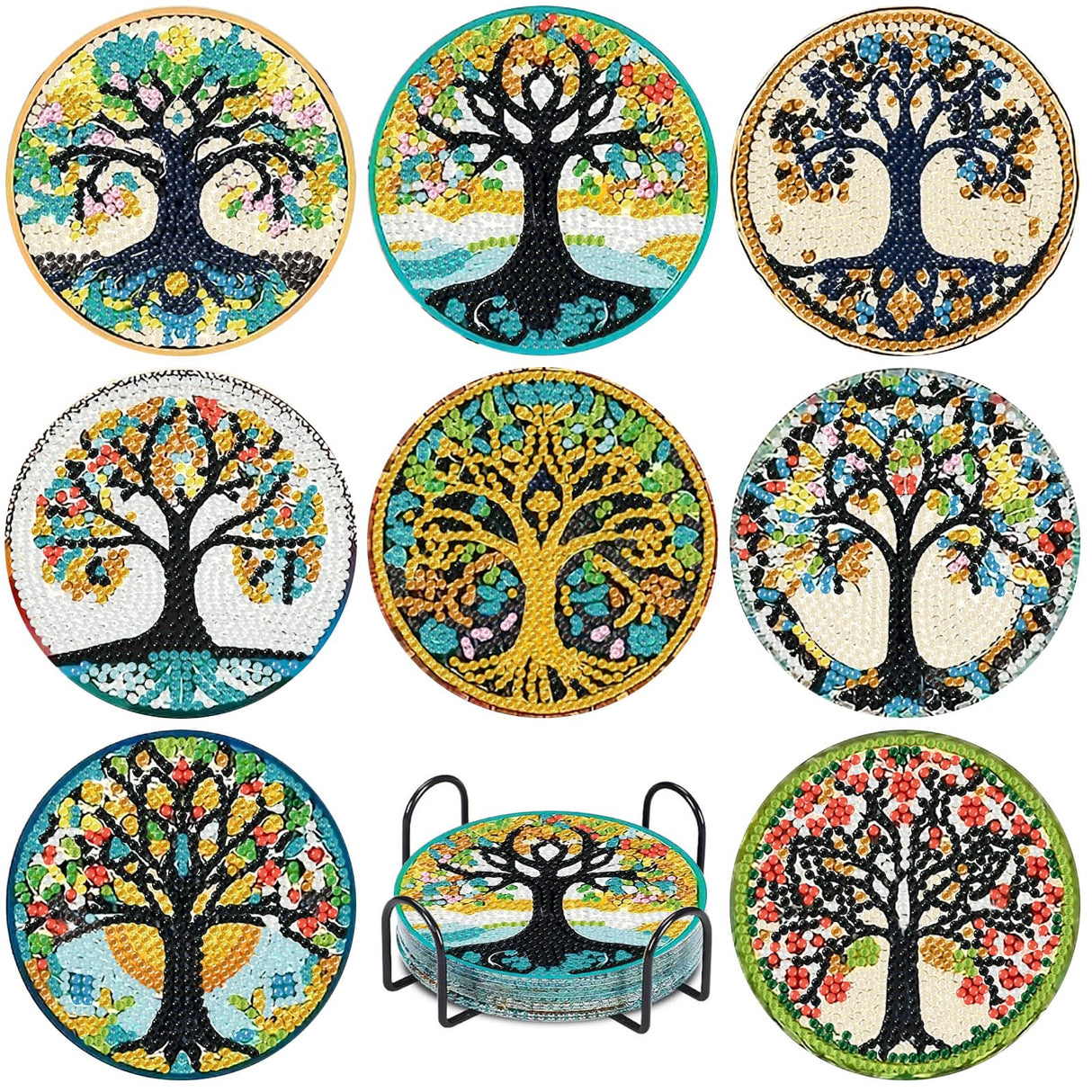 8 PCS Diamond Art Coasters Kits, Tree of Life Diamond Painting Coasters with Holder Set of 8, DIY Diamond Art Painting for Home Decor Birthday Housewarming Gifts 3.9inch Aestalrcus
