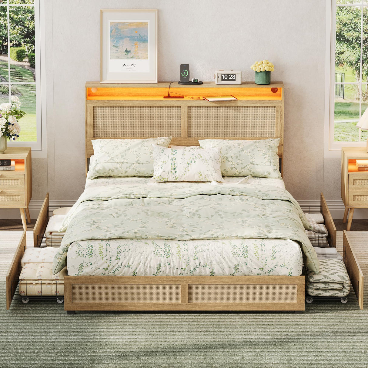 Maupvit Full Size Boho Bed Frame with Rattan Hidden Storage Headboard, LED Light and 4 Drawers, Charging Station, Metal Platform Bed, No Box Spring Needed,Brown Maupvit