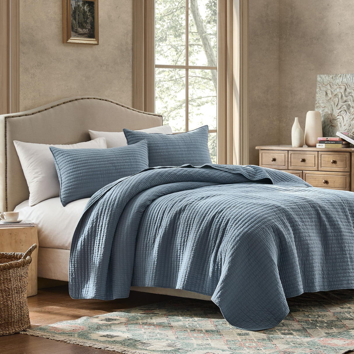 WDCOZY 100% Cotton King Size Quilt Set - Blue Striped Pick Stitch Soft Lightweight Bedspread, Textured Like Linen, Farmhouse Country Rustic Coverlet, Shabby Chic Gauze Bedding, 3 Pieces WDCOZY