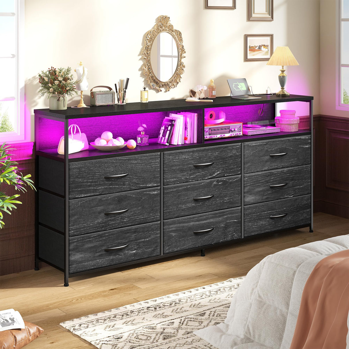 Romorgniz 55" W Dresser for Bedroom with 9 Drawers, LED TV Stand with Power Outlets for 45, 55, 65 Inch TV, Sturdy Long Chest of Drawers with Extra 2 Wooden Shelves, Grain Black Romorgniz