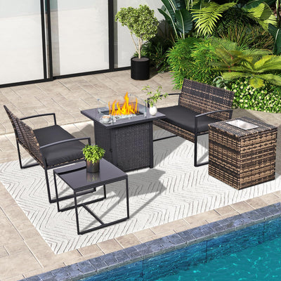 FHFO 5 Piece Outdoor Patio Furniture Set with 28”Gas Fire Pit Table & Ice Bucket Storage Box, Outdoor Wicker Rattan Patio Conversation Set for Outside, Poolside, Balcony, Porch, Yellow-Black