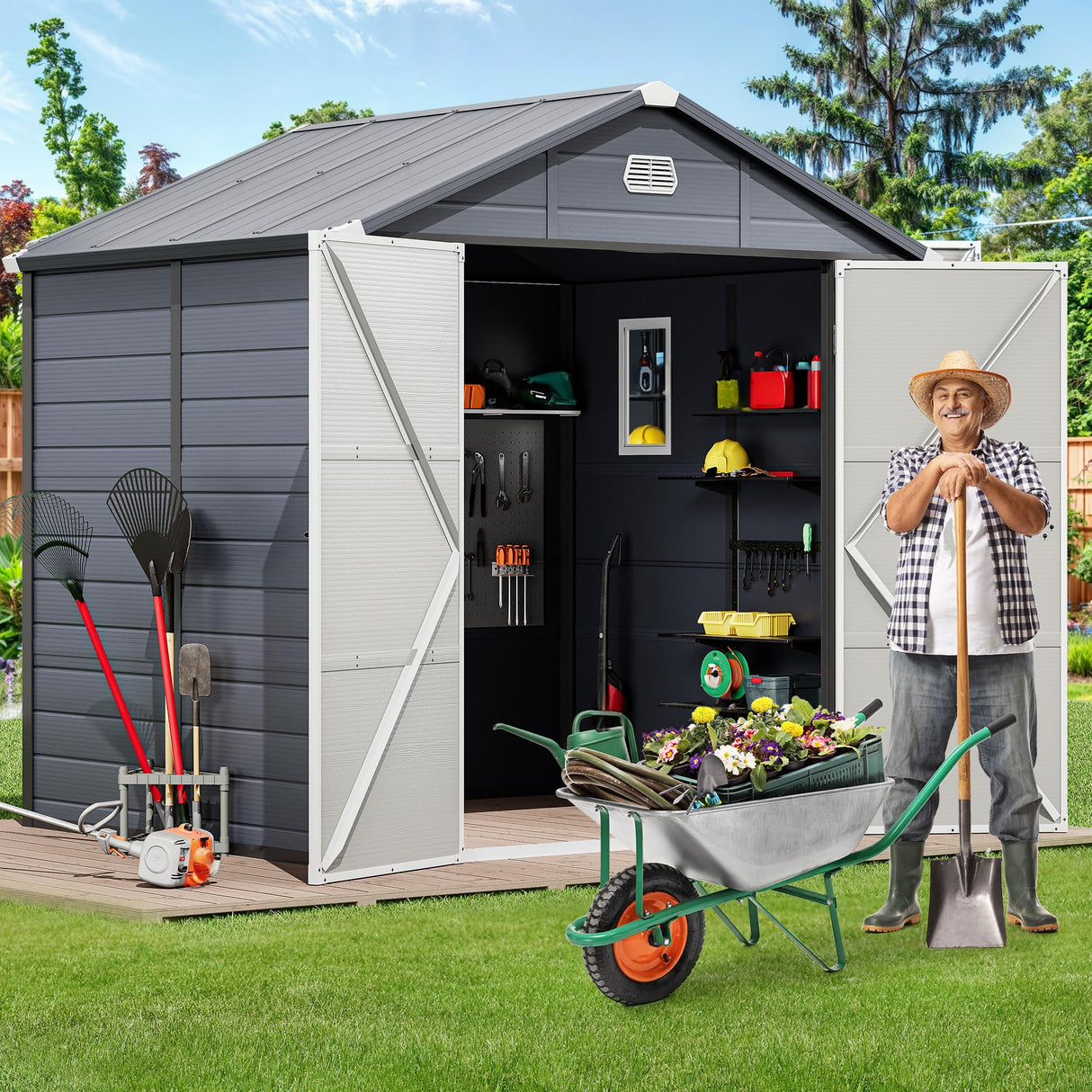 YITAHOME 8x6.2FT Outdoor Storage Shed w/o Floor, All-Weather Plastic Shed with Lockable Doors, Window & Vents, Plastic Tool Shed for Backyard, Patio, Poolside, Lawn, Gray YITAHOME