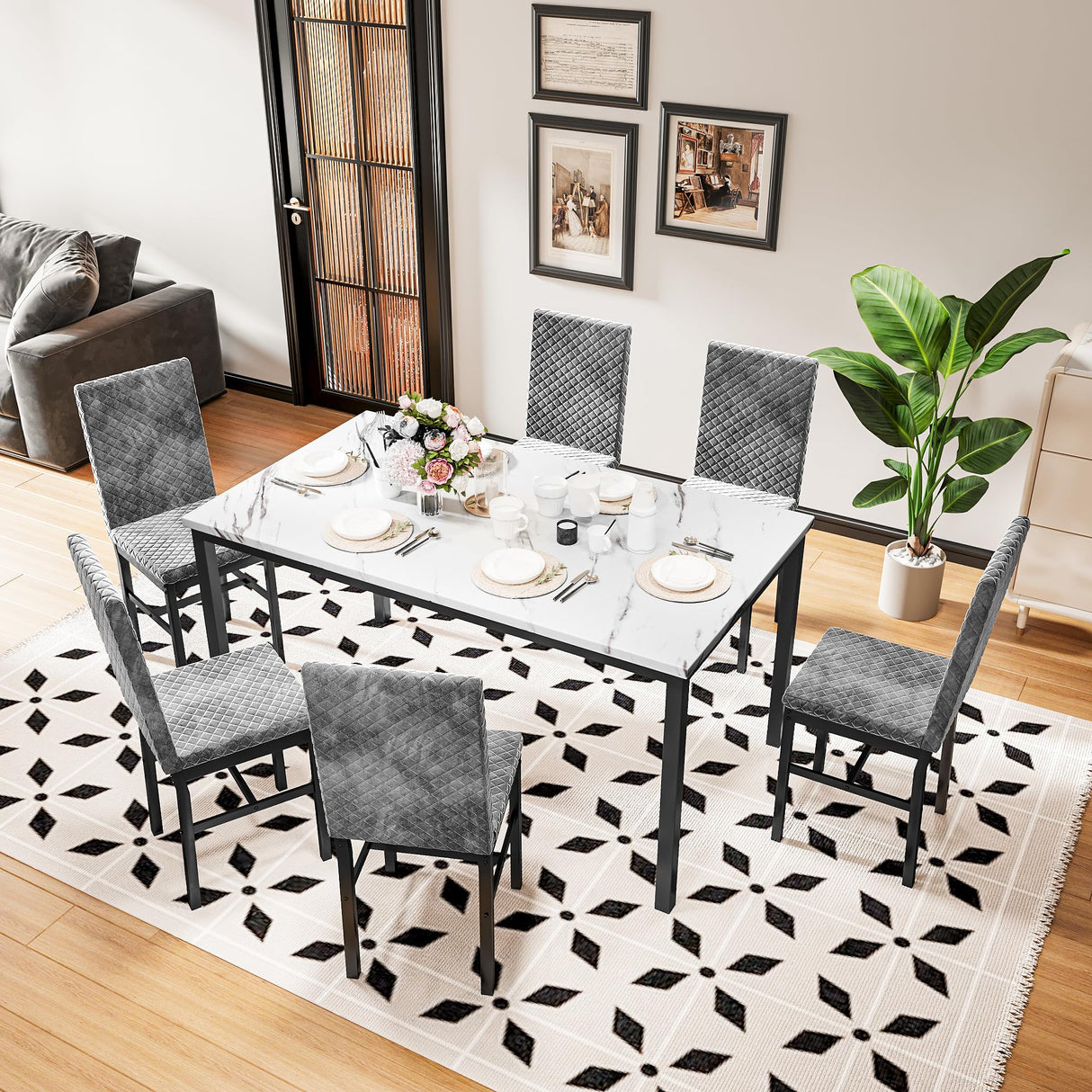 Recaceik 7 Piece Dining Table Set for 6 with Chairs of Velvet Foam, Faux Marble Kitchen Dining Table Set for Small Space, Living Room, Apartment (Grey) Recaceik