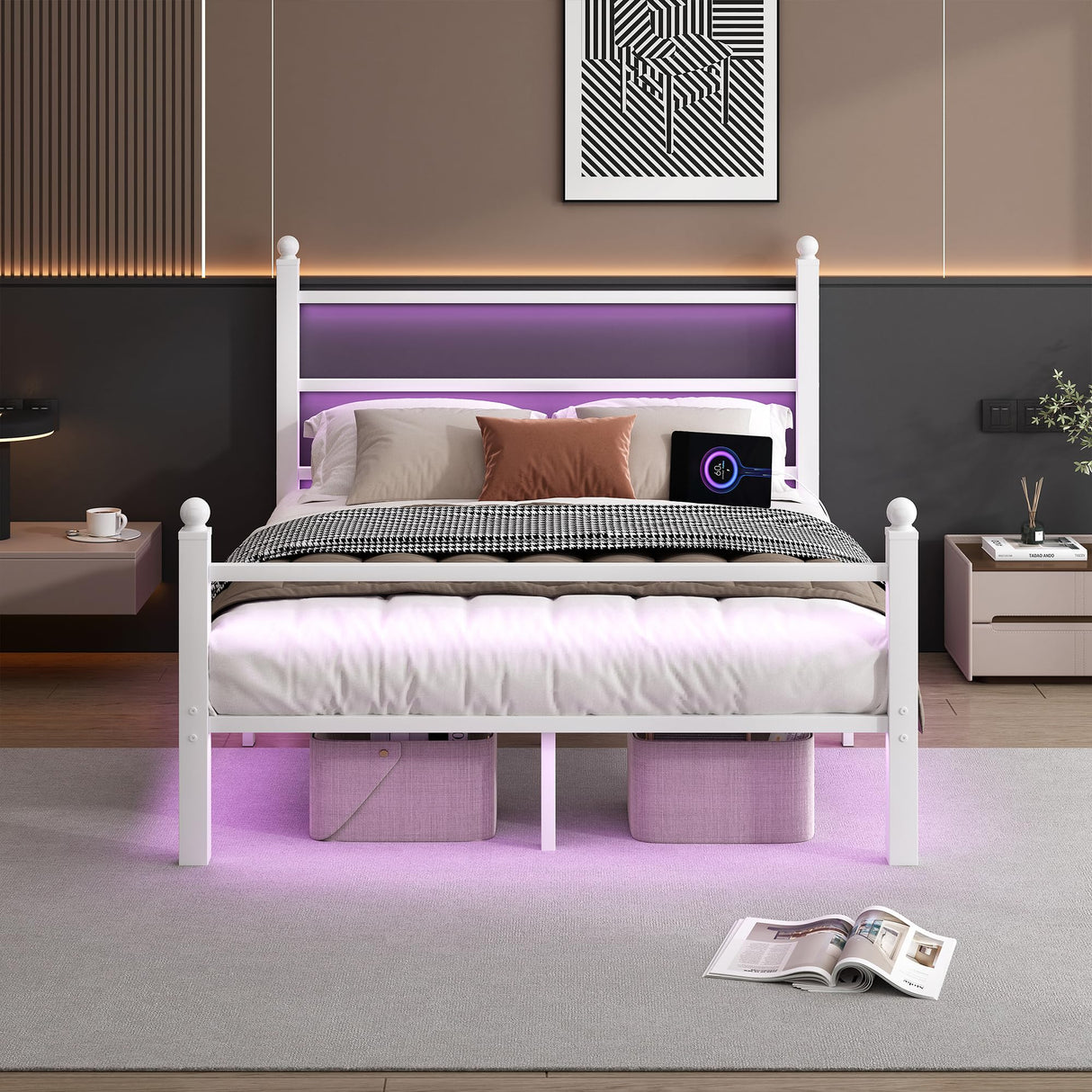 CLIBFENG Full Size Bed Frame with Headboard and Footboard,Steel Slats Support-LED Bed Frame with USB Charging Station,Mattress Foundation-Under Bed Storage,No Box Spring Needed,Noise Free,White CLIBFENG