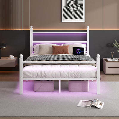CLIBFENG Full Size Bed Frame with Headboard and Footboard,Steel Slats Support-LED Bed Frame with USB Charging Station,Mattress Foundation-Under Bed Storage,No Box Spring Needed,Noise Free,White
