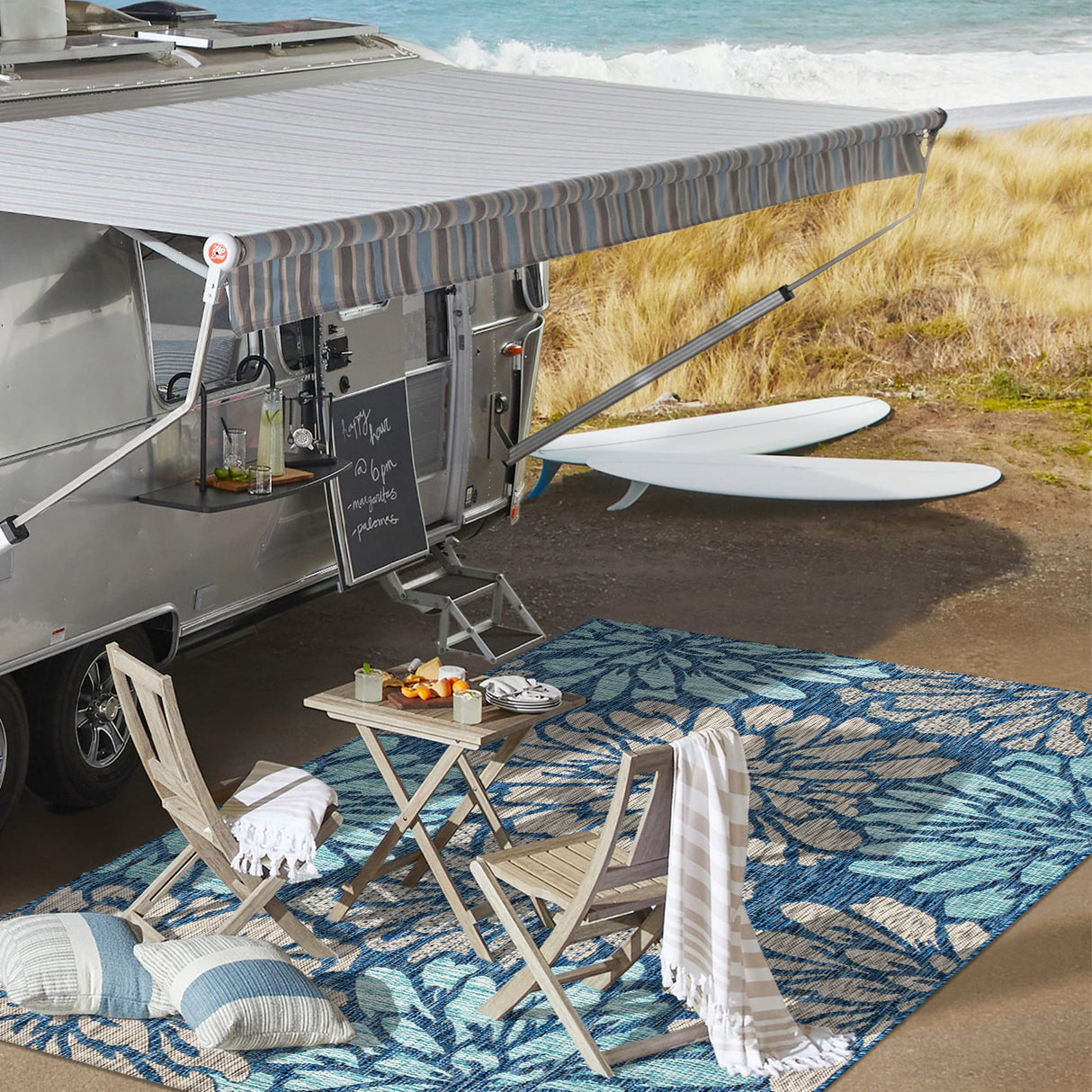 JONATHAN Y SMB110C-8 Zinnia Modern Floral Textured Weave Indoor Outdoor Area-Rug Bohemian Coastal Easy-Cleaning Bedroom Kitchen Backyard Patio Non Shedding, 8 X 10, Navy/Aqua JONATHAN Y