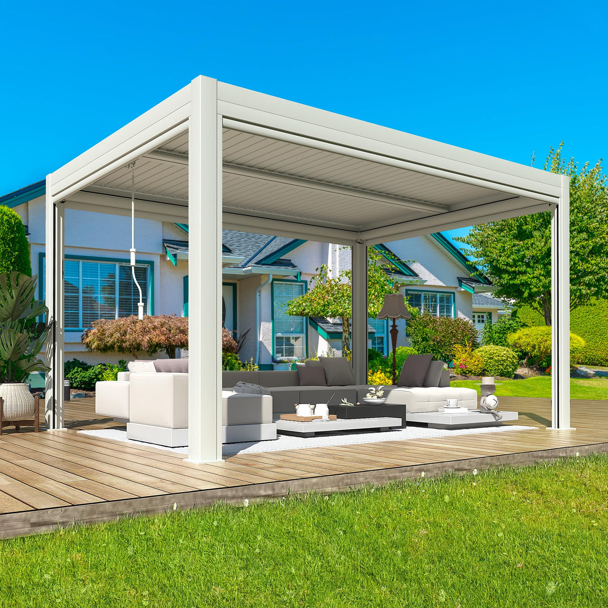 YOLENY Electric Louvered Pergola 10x13, Solar and Electric Powered, Integrated LED and 4 Side Screens, Full Aluminum Frame and Louvers, Adjustable Rainproof Roof for Outdoor Living, White YOLENY