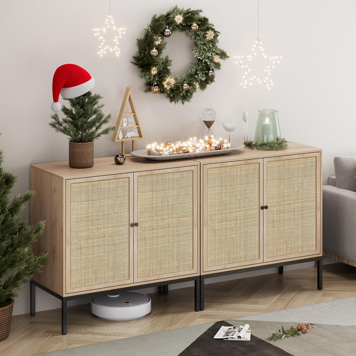 XIAO WEI Sideboard with Handmade Natural Rattan Woven Doors, Rattan Cabinet Console Table Storage Cabinet Buffet Cabinet, for Kitchen, Living Room, Hallway, Entryway-2 Pieces(Natural) XIAO WEI