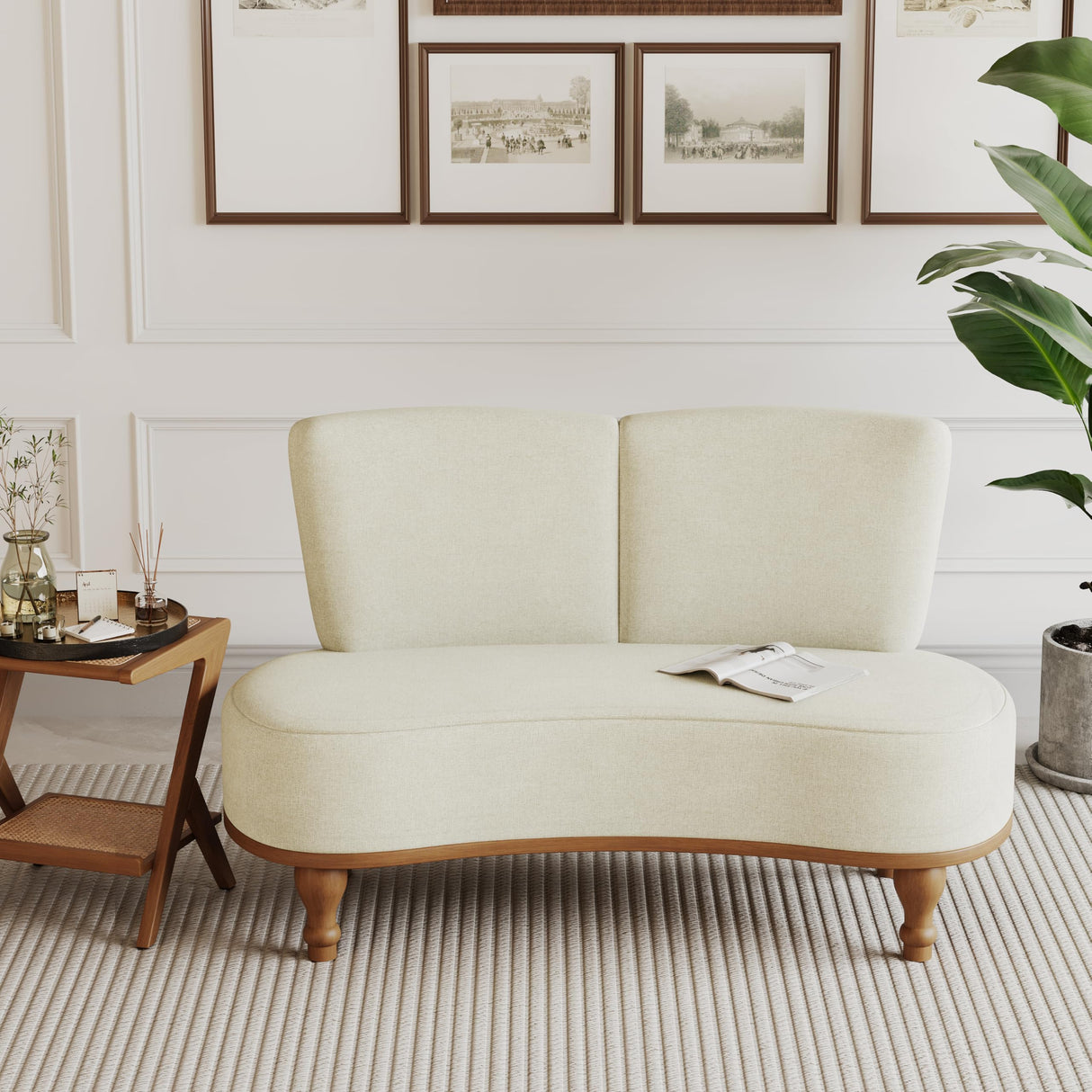 ALISH 49" Small Loveseat Sofa Settee Curved Sofa Couch Upholstered Dining Banquette Bench with Backrest and Wooden Legs for Dining Room Living Room Bedroom Funiture, Ivy ALISH