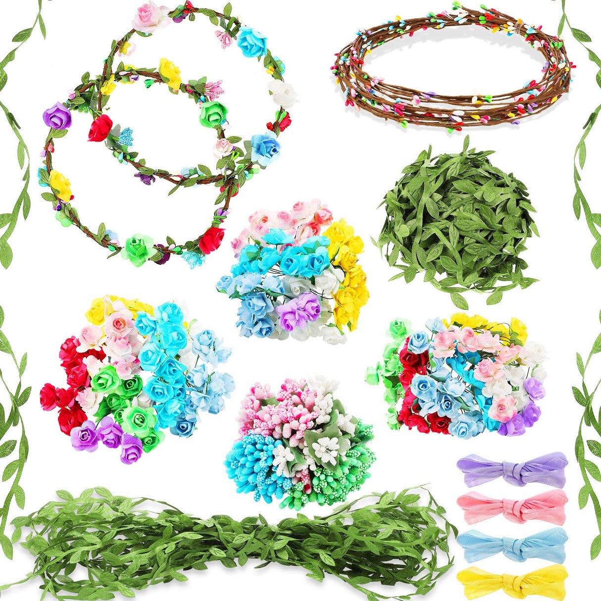 Syhood 20 Sets Flower Crowns Making Kit, Make Your Own Flower Crown Wreath Headbands and Bracelets Craft Kit Hair Accessories Handmade DIY Floral Garland Presents for Girls Syhood