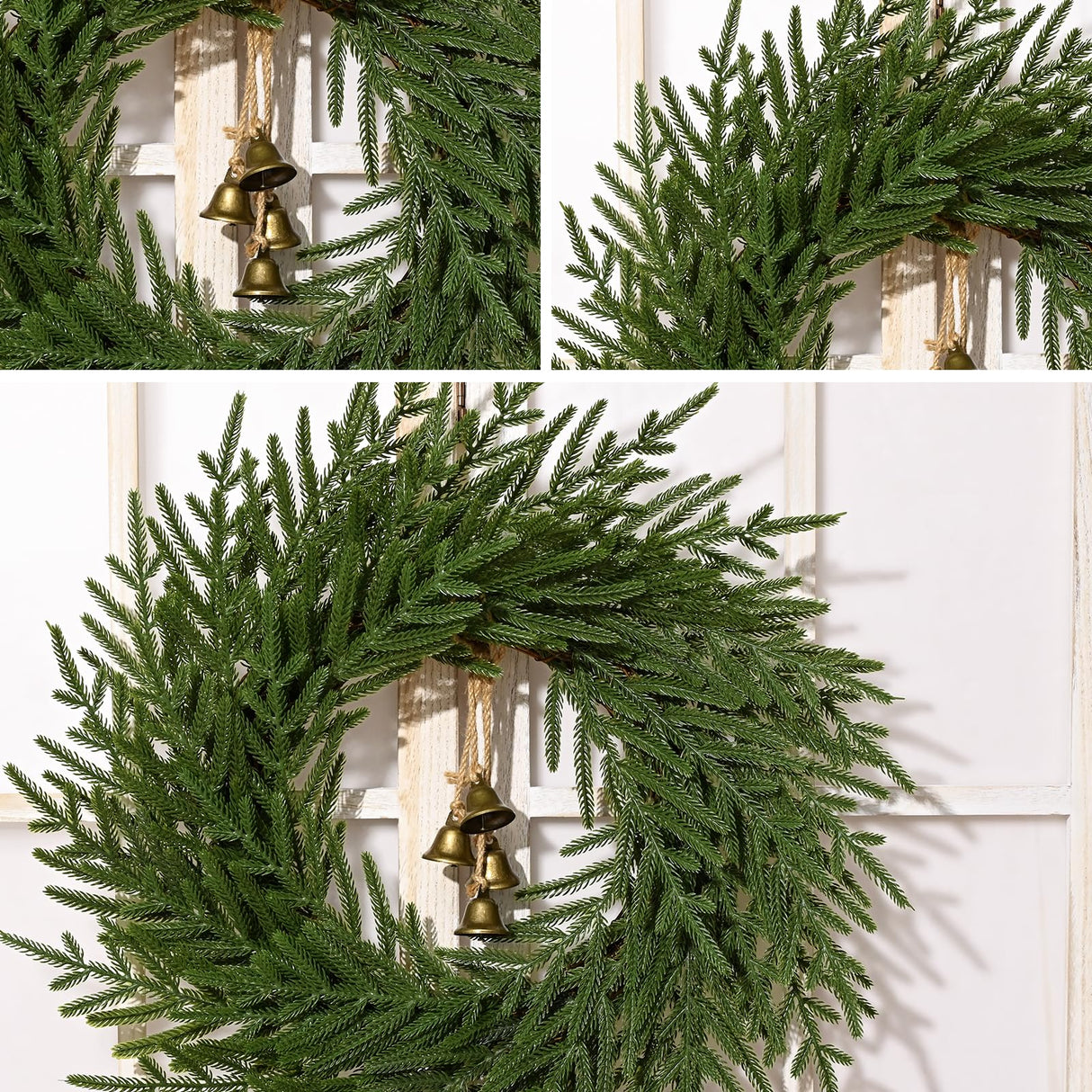 Dolicer Christmas Wreath - 24" Real Touch Norfolk Pine Wreath, Christmas Wreaths for Front Door Artificial Pine Green Wreath with Bell for Wall Windows Mantle Outdoor Outside Christmas Decoration Dolicer