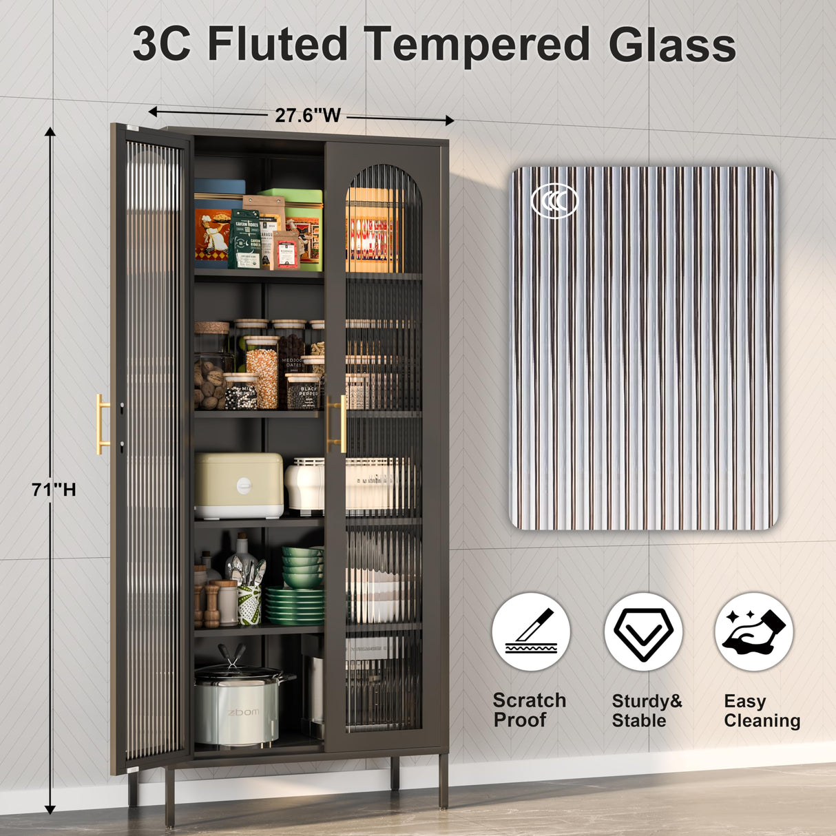 CBNTKI 71" Kitchen Pantry Cabinet,Tall Storage Cabinet with Glass Doors and LED Light,Glass Display Cabinet Black Cabinet for Dinning Room,Living Room,Kitchen,Entryway CBNTKI