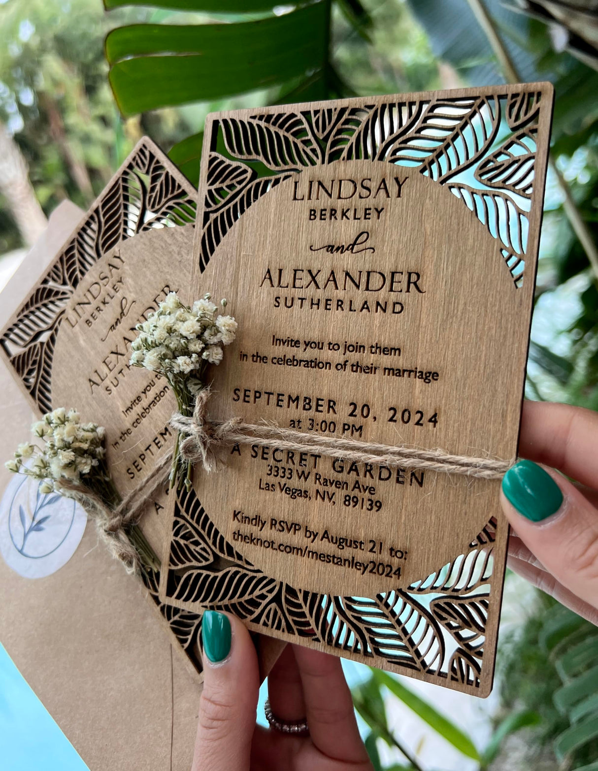 Pack of Personalized Wood Wedding Invitation - Laser Cut Wedding Invitations - White Flower Twined Wooden Invitations with Envelopes & Stickers - vitawed