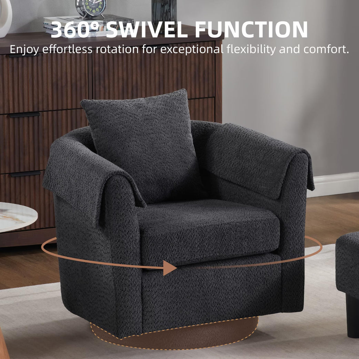 FLEXISPOT Swivel Accent Chair with Ottoman – Modern Chenille Barrel Armchair with Removable Back Pillow & Armrest Covers for Living Room, Bedroom, or Office, Black FLEXISPOT