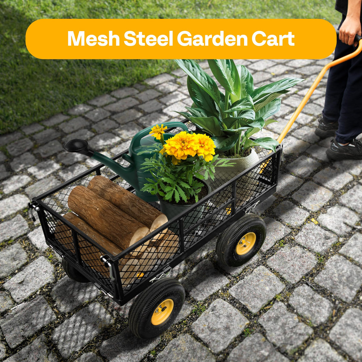 VIVOHOME Heavy Duty 880 Lbs Capacity Mesh Steel Garden Cart Folding Utility Wagon with Removable Sides and 4.10/3.50-4" Wheels 10 inch Tire (Black) VIVOHOME