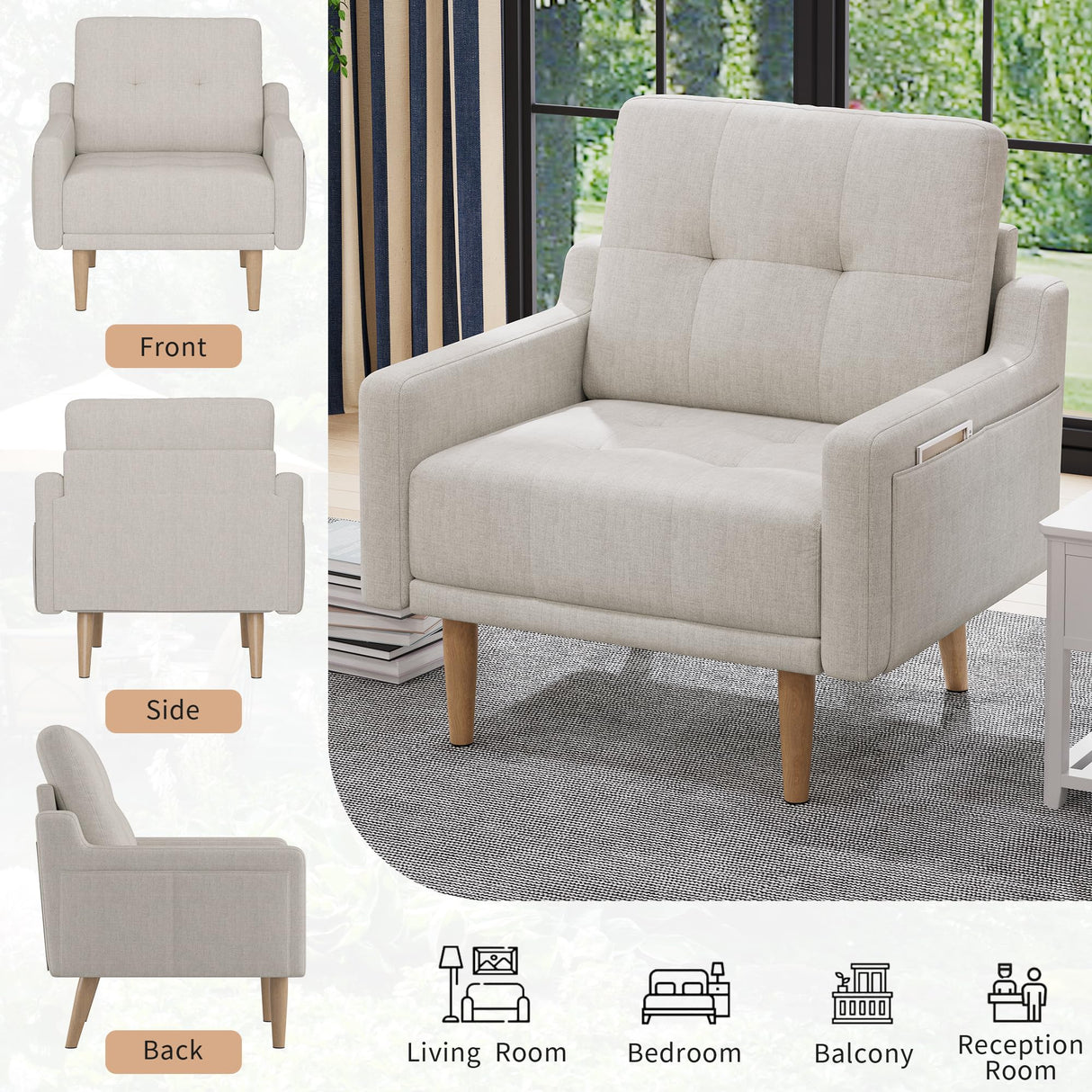 EJUNQ Mid Century Modern Accent Chair ,Upholstered Armchair,Comfy Reading Chair with Wood Legs,Fabric Single Sofa Chair for Living Room Bedroom Small Spaces(Ivory) EJUNQ