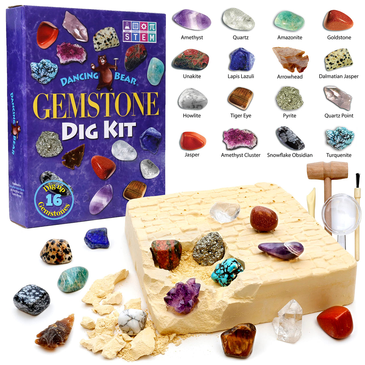 DANCING BEAR Gem stone Dig Kit, Excavate 16 Real Gems & Crystals including Arrowheads, Quartz Point and Amethyst, STEM Education for Kids, Fun Rock Mining Science Activity Gift Sets for Girls and Boys DANCING BEAR
