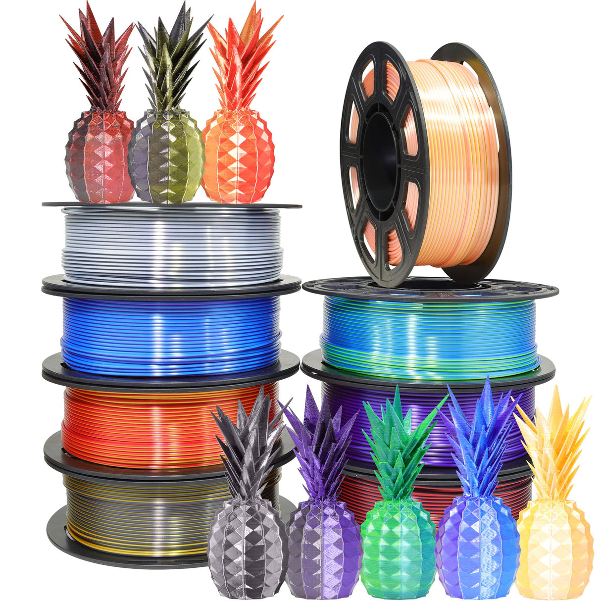 BBLIFE 8 Spools Dual Color Silk PLA 3D Printer Filament Bundle, Silk White/Black, Red/Black, Gold/Black, Purple/Black, Purple/Blue, Red/Gold, Green/Blue, Yellow/Pink, 1.75mm Bicolor Silk PLA 250gX8 Bblife