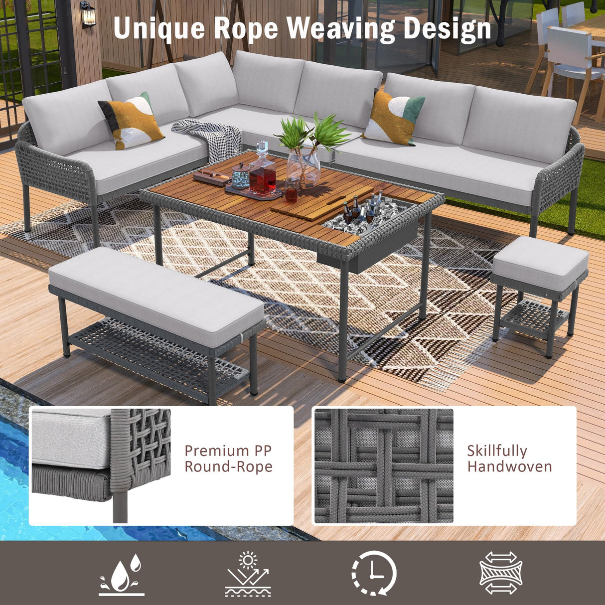 Merax 6 Piece Rope Patio Furniture L-Shaped Set, Outdoor Sectional Sofa Set with Acacia Wood Table with Ice Box, Rope Benches, Rope Conversation Set with Deep Seating & Thick Cushion for Couch,Grey Merax