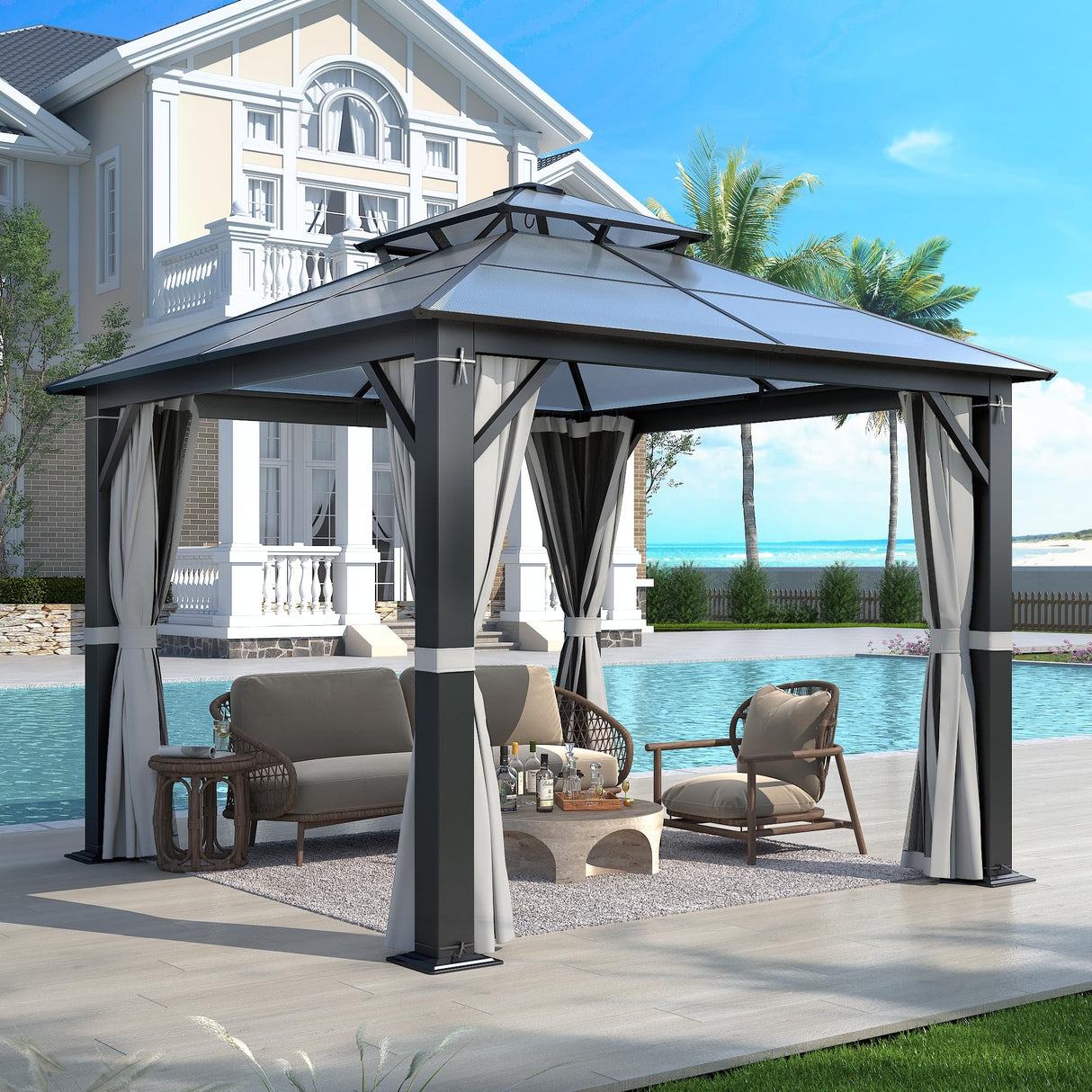 Howsvn 10'x10' Hardtop Gazebo, Outdoor Polycarbonate Double Roof Gazebos with Netting and Curtains, Heavy Duty Metal Pavilion for Patio, Backyard, Deck and Lawn HOWSVN