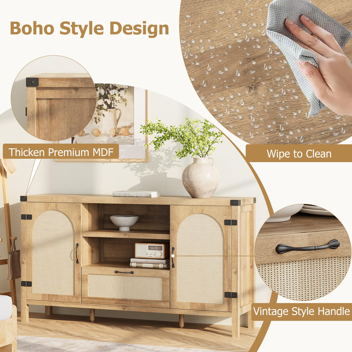 Senfot 47.2" Rattan Sideboard Buffet Cabinet with Storage, Farmhouse Kitchen Buffet Cabinet with Drawer, Boho Wooden Coffee Bar Cabinets with Open Shelves, for Dining Room, Living Room, Natural Senfot