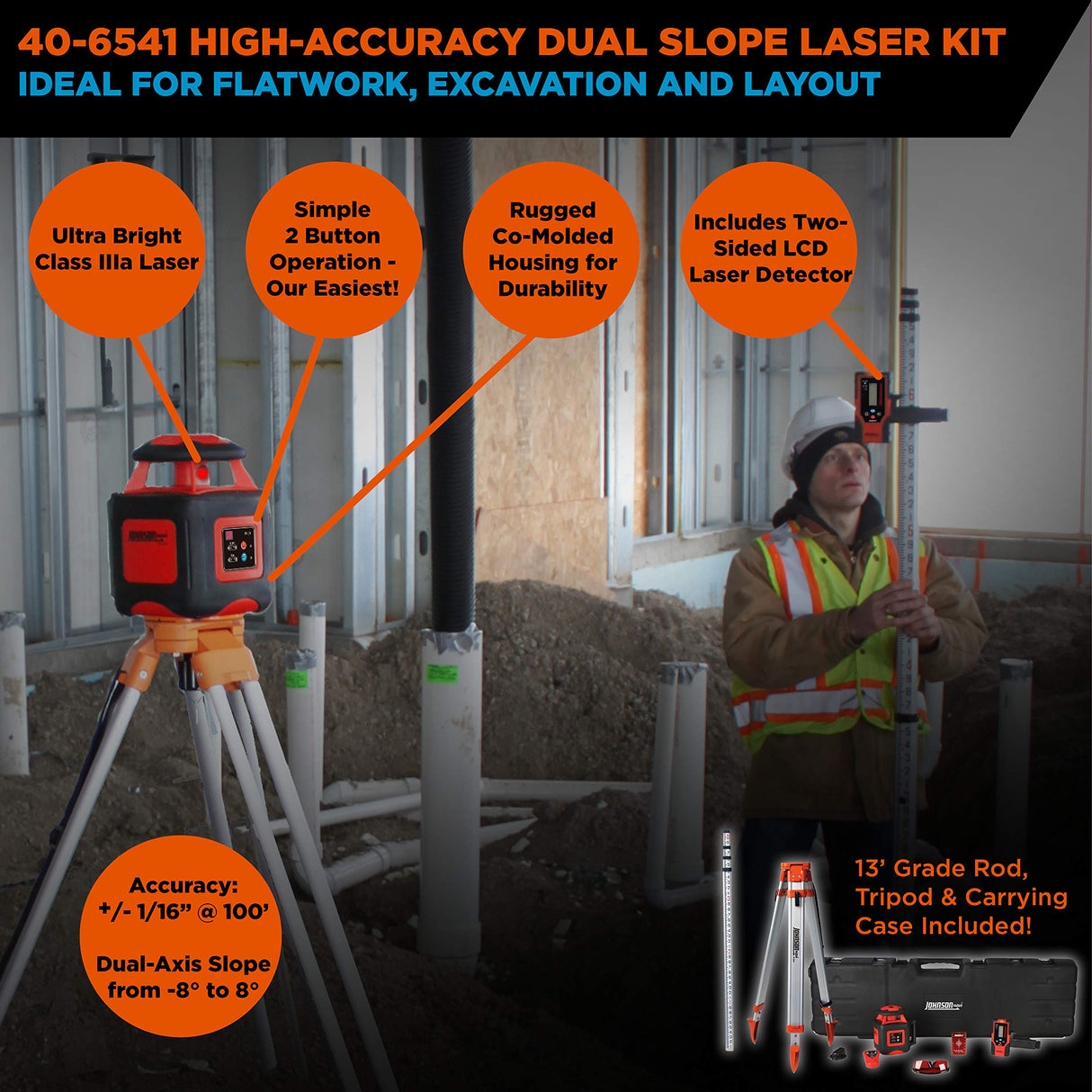 Johnson Level & Tool 40-6541 High Accuracy Dual Slope Rotary Laser System, Red, 1 Kit Johnson