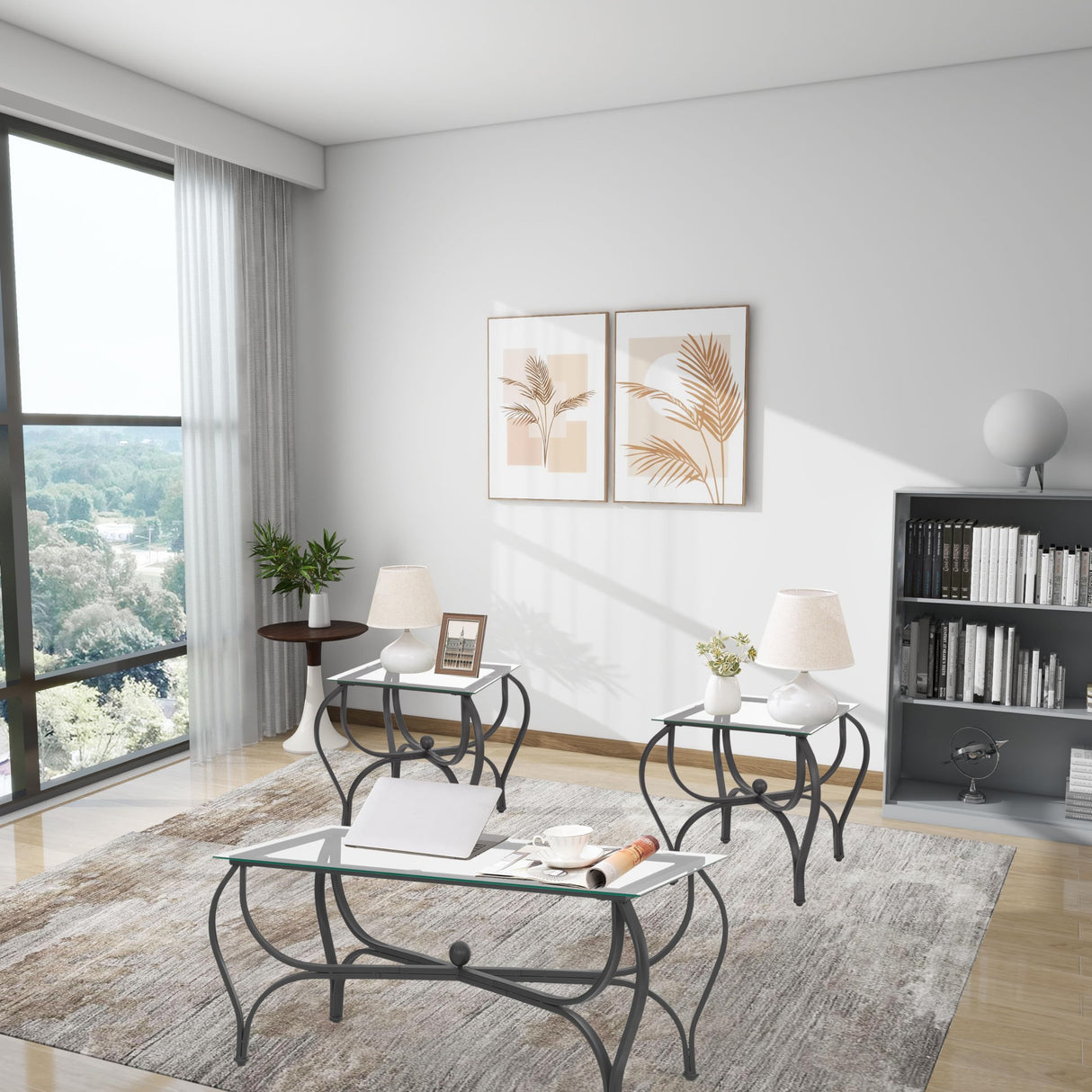 FILINGSKY 3-Piece Coffee Table Set, Tempered Glass Surface Living Room Sets, Coffee Table & 2 End Side Table, Metal Frame for Living Room, Home Office FILINGSKY