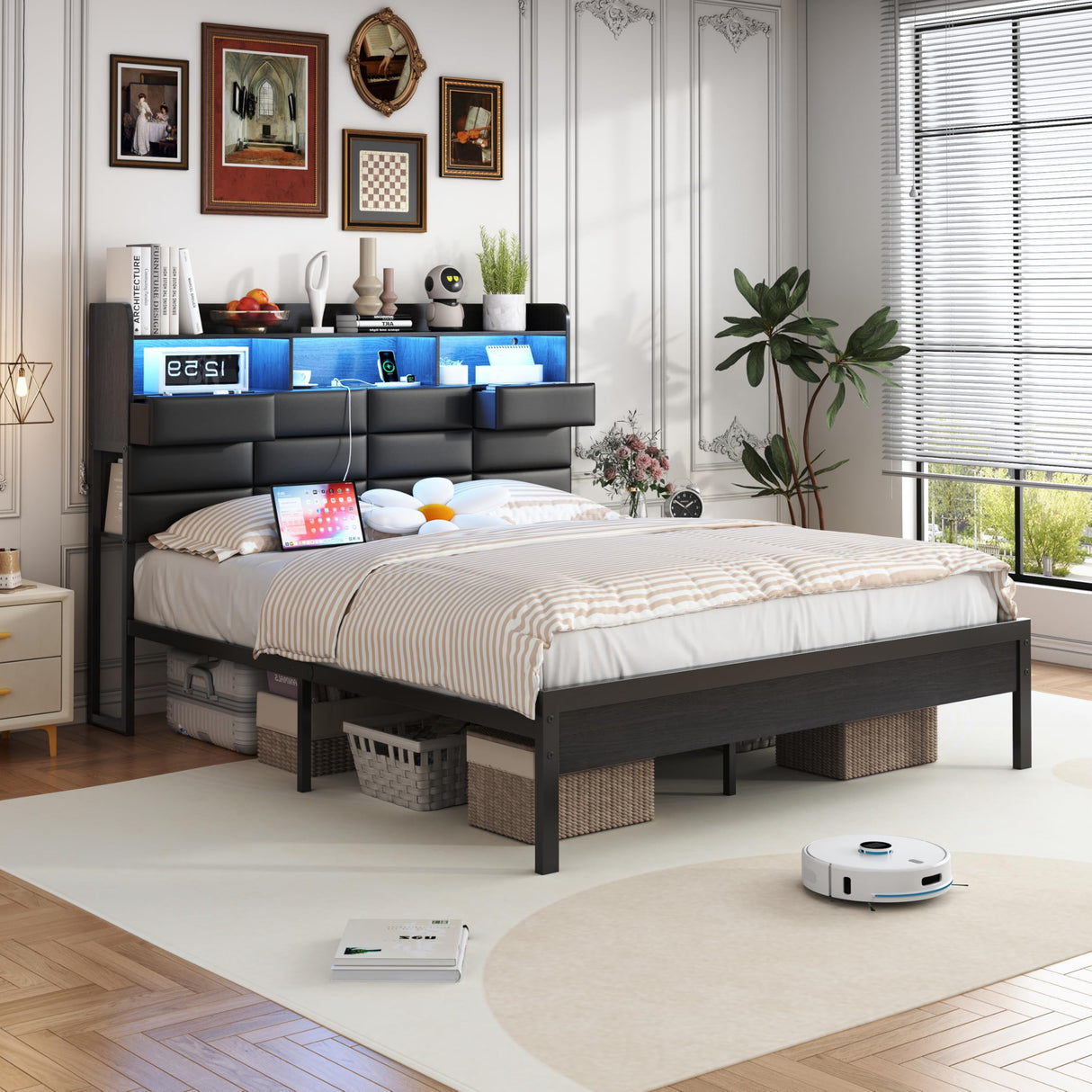 Etditrnp King Size Black Bed Frame with 2 Storage Drawers and Charging Station, Upholstered Bed Frame with PU Leather Headboard LED Lights, Metal Slats Support, No Box Spring Needed, Noise Free Etditrnp