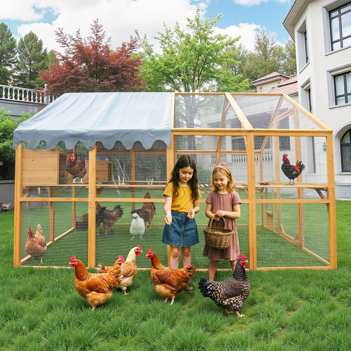 Large Wooden Chicken Coop Run with Waterproof Cover - Heavy-Duty Predator-Proof Poultry House for 10-12 Chickens, Ducks, Rabbits | 110" L x 75.2" W x 72.54" H Playpen | Easy Assembly 110-Inch Sun koery