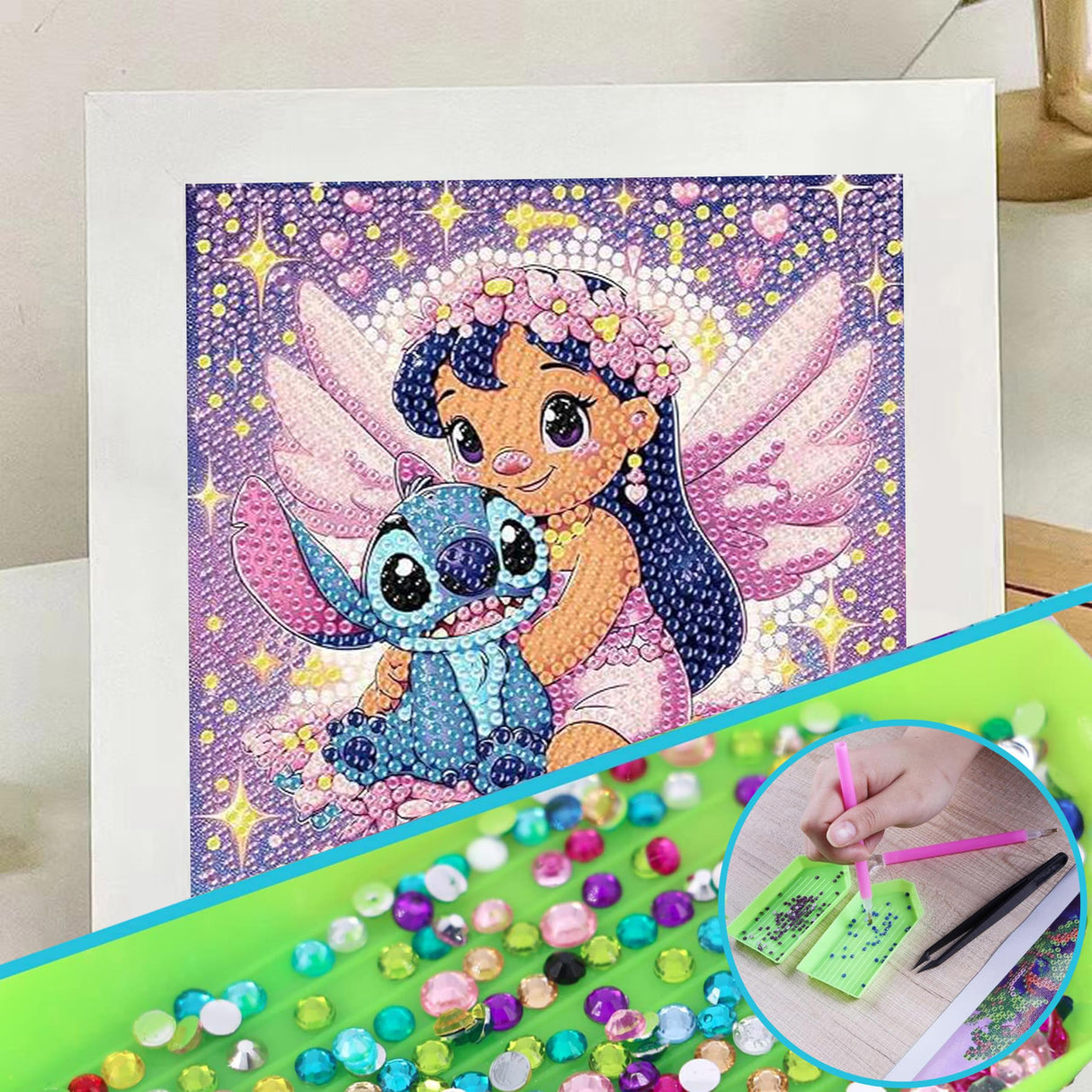 USACRAFT Cute Diamond Painting Kits, Mosaic Kit, Large 7x7 Natural Wooden Frame, Pre-Mounted Canvas, Sparkling Crystal Gems, Pen, Arts & Crafts Tray, Gum. Famous Characters, St.Girl USACRAFT