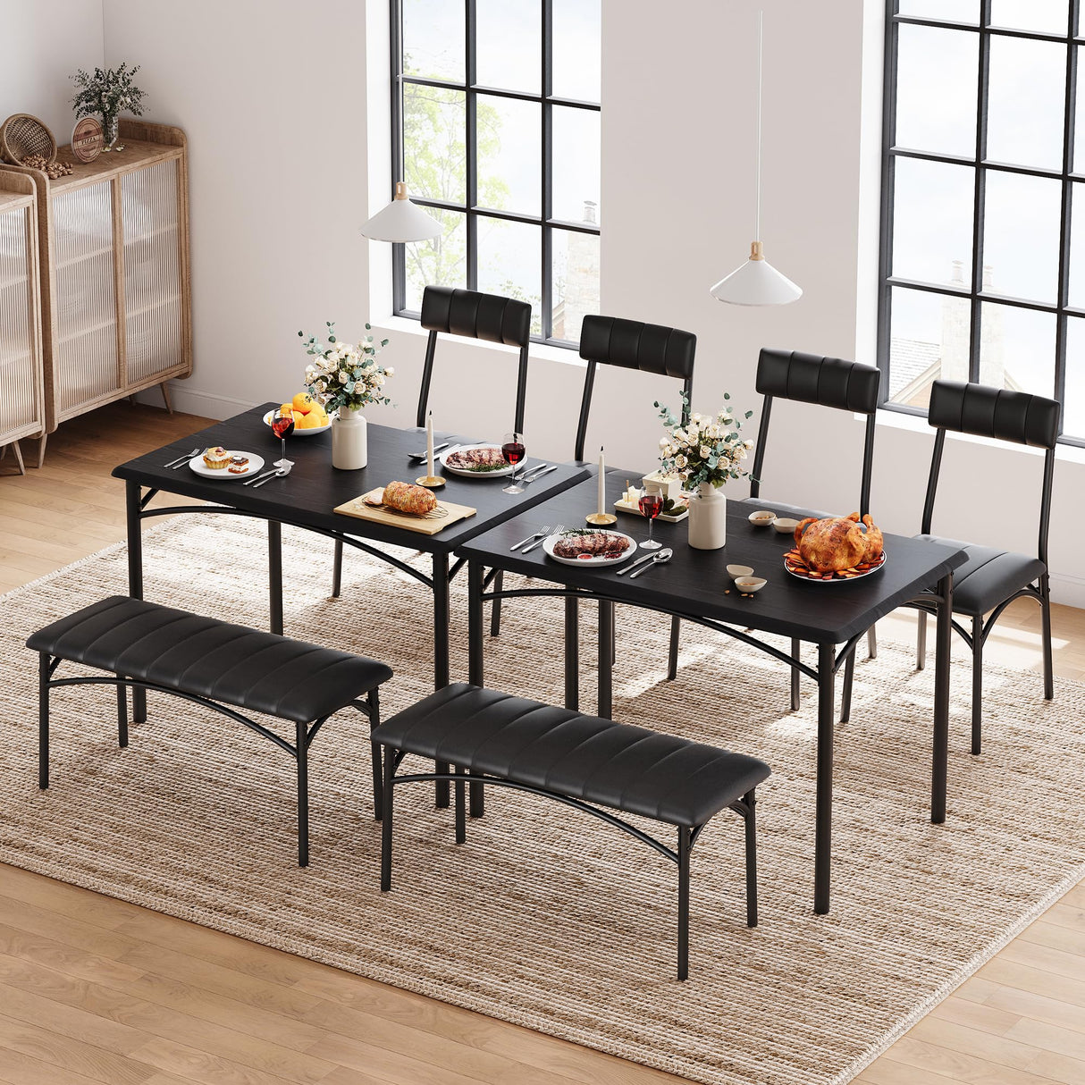 Garvee Dining Table Set for 4, Kitchen Table with Upholstered Bench and 2 Chairs, 4-Piece Wooden Dining Table Set for Apartment, Dining Room, Small Space, Black Garvee