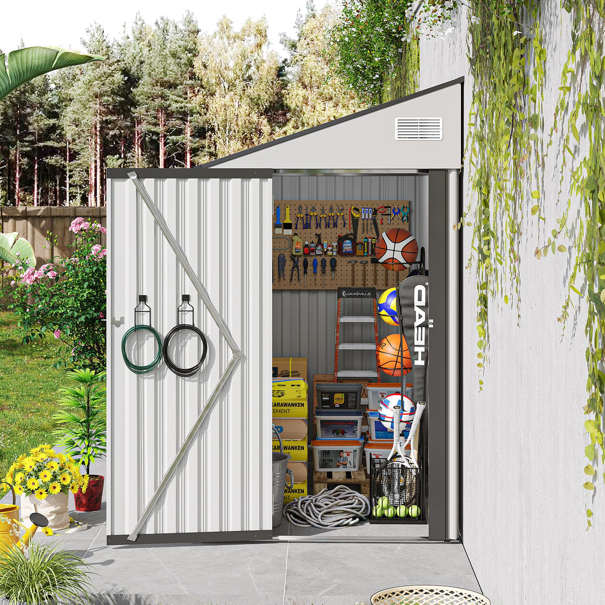 4x8 FT Outdoor Storage Shed, Metal Garden Shed with Lockable Hinged Door, Lean to Shed with 6 Air Vents, Outside Tool Shed with Sloped Roof, Waterproof Storage Building for Backyard, Patio, White BNSPLY