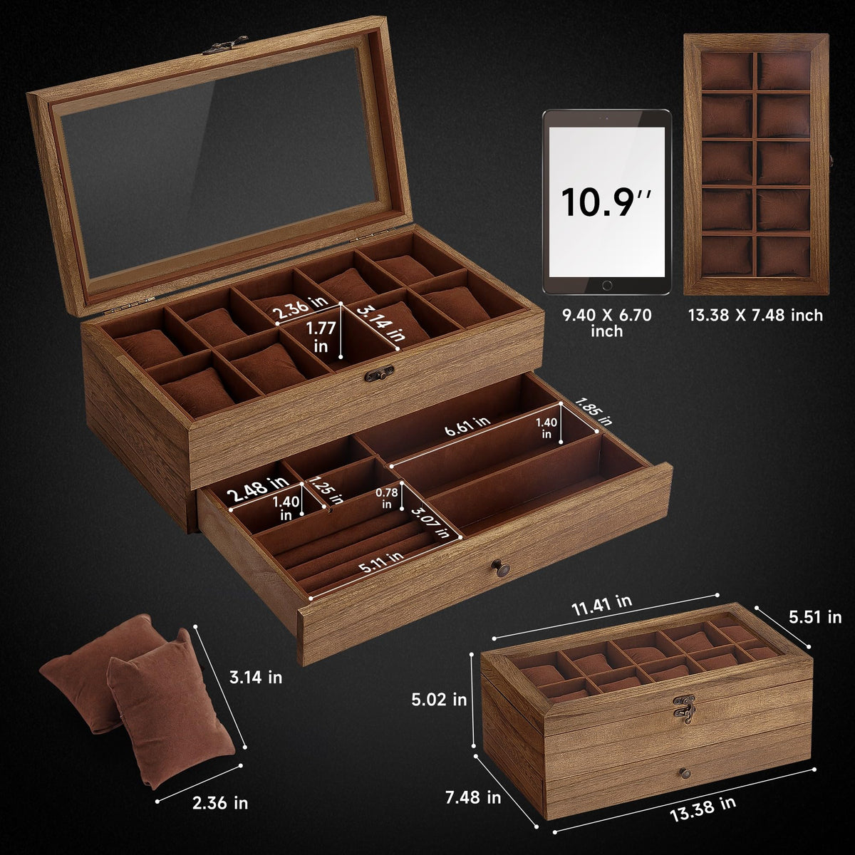 GALHUBIS Watch Box with 10 Slots, 2-Tier Watch Case for Large Dial Watches, Watch Display Case with Lid, Removable Watch Pillows, Gifts for Men Women, Watch Organizer with Drawer, Jewelry Box, Walnut GALHUBIS