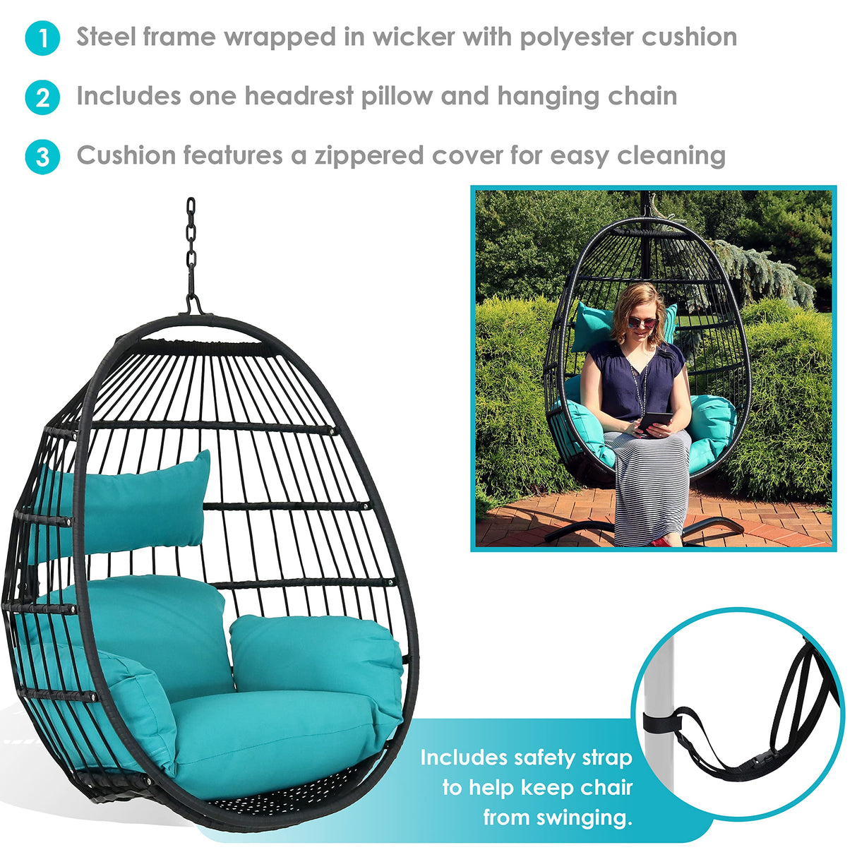 Sunnydaze Dalia Black Steel and Polyethylene Wicker Hanging Egg Chair with Teal Polyester Seat Cushions - 45-Inch Tall Sunnydaze