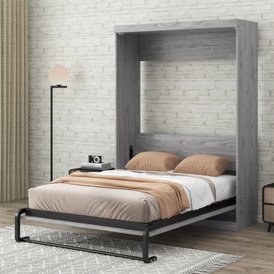 SOFTSEA Full Size Murphy Bed Cabinet, Solid Wood Foldable Wall Bed can be Folded into a Cabinet, Vertical Hideaway Murphy Bed Space-Saving for Guest Room Living Room Bedroom Office, Grey