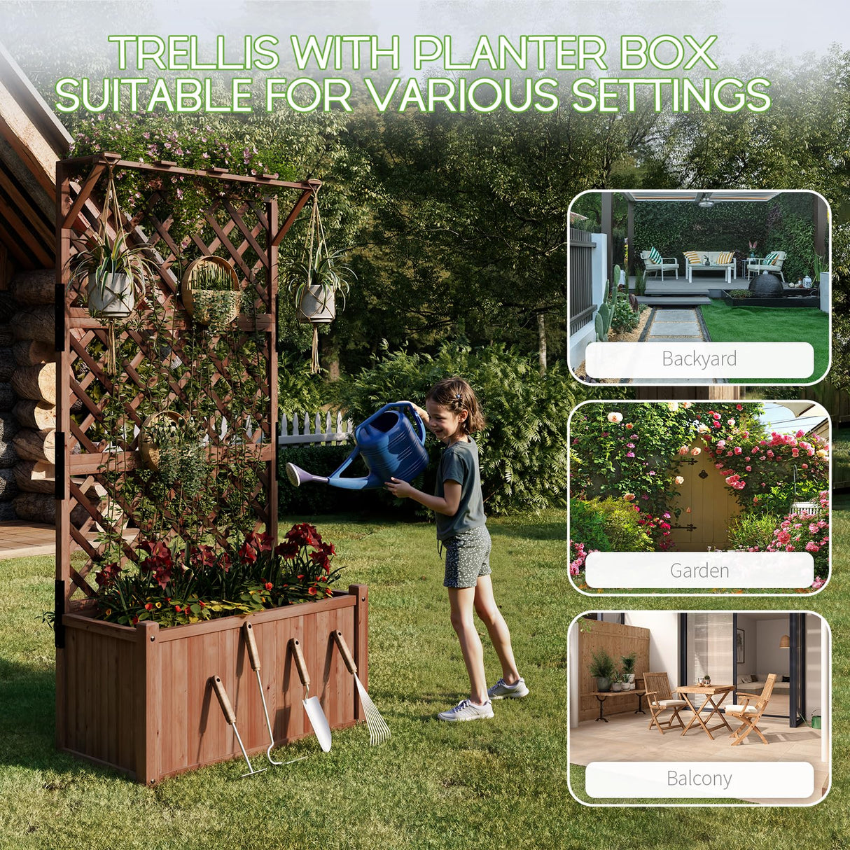 SPECRAFT 2 Pack Wood Planter with Trellis, 35.4x17.7x72 Inch Raised Garden Bed, 1.6Ft Deep Large Planter Box for Outdoor Gardening, Vegetables, and Climbing Plants SPECRAFT