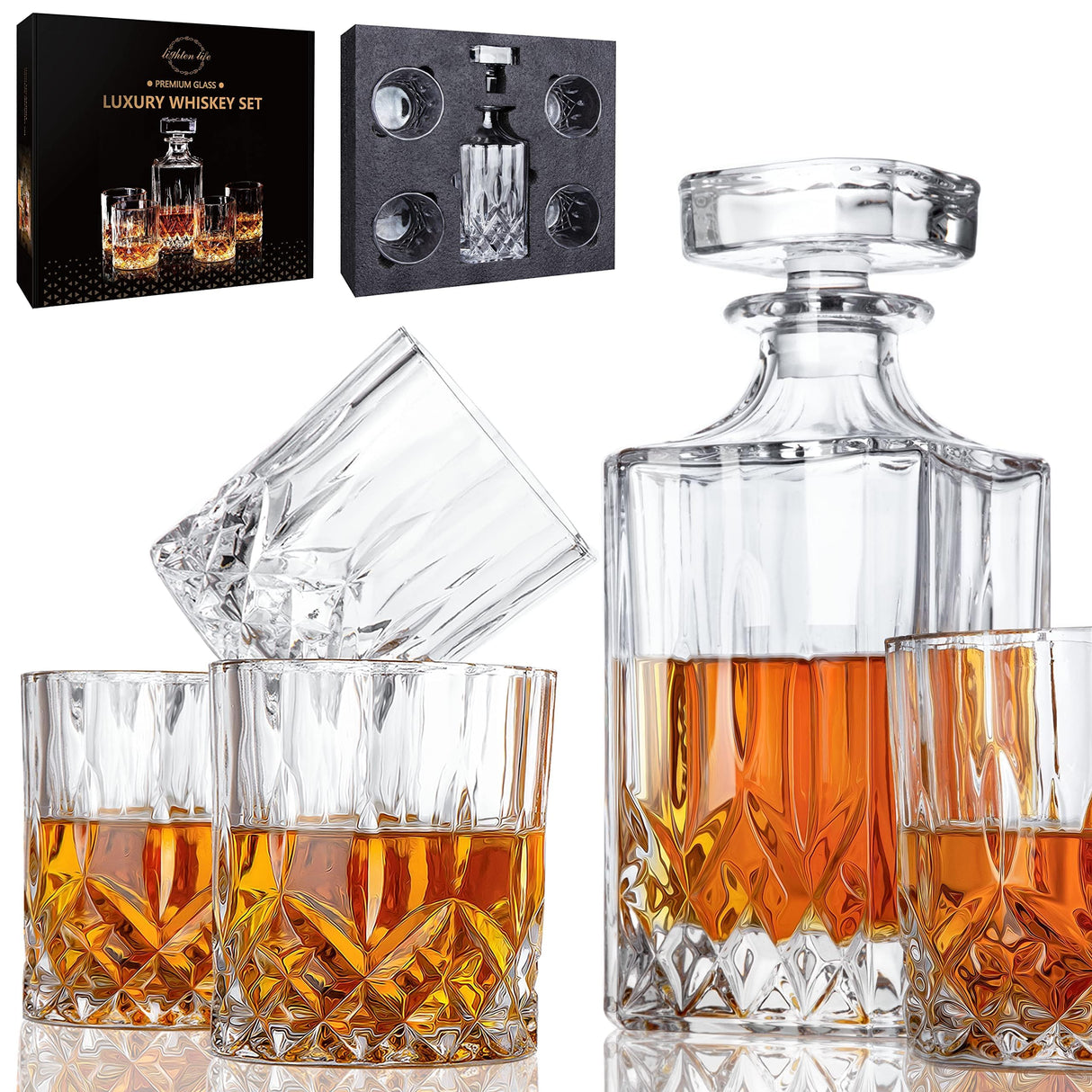 LIGHTEN LIFE Whiskey Decanter Set for Men,Crystal Whiskey Glasses and Decanter Set in Gift Box,Non-Lead Glass Decanter Set,Bourbon Decanter Set for Whiskey Lovers,Liquor Decanter Set for Dad Husband LIGHTEN LIFE