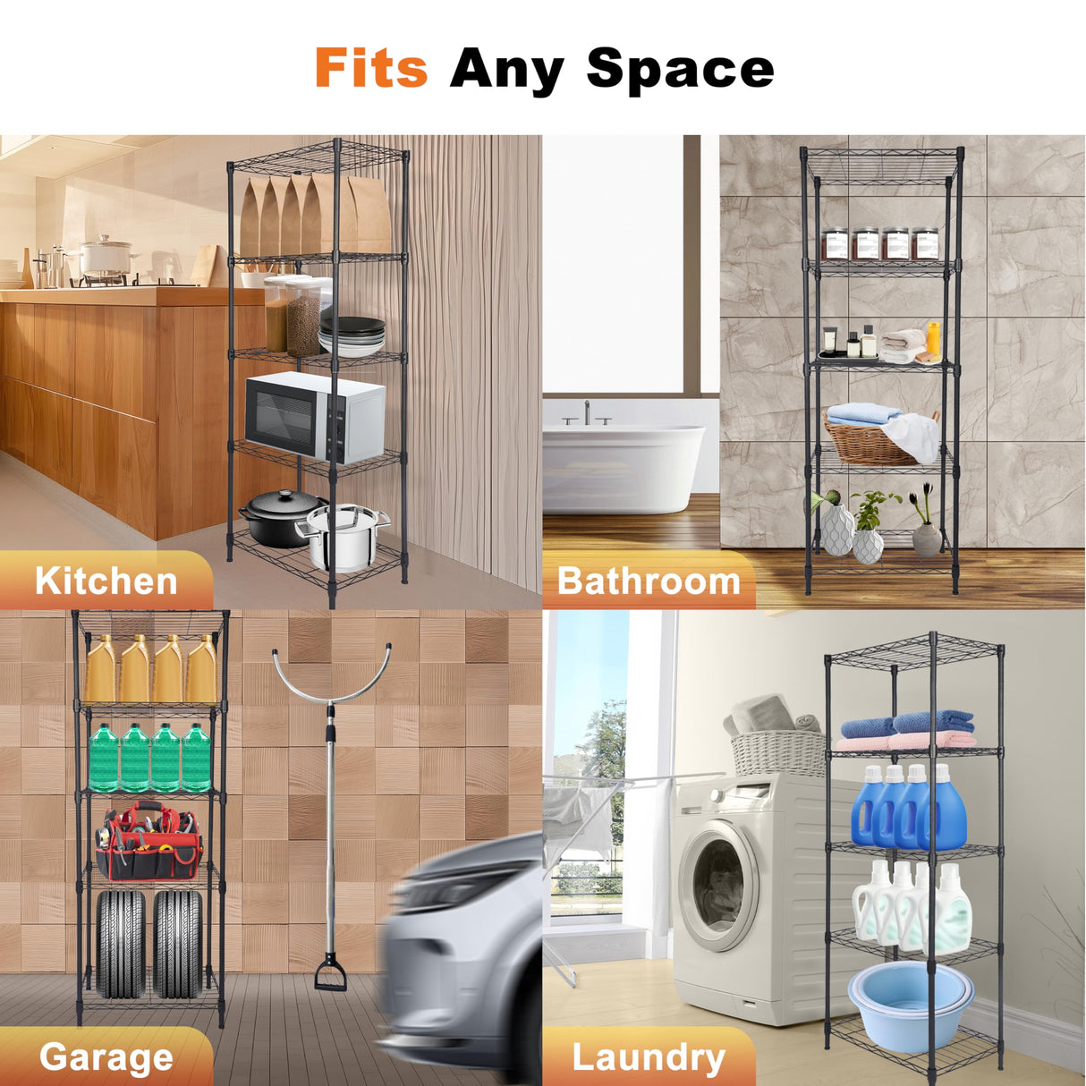 Whitmor 5 Tier Storage Shelves, Heavy Duty Metal Shelving, 400 lbs Capacity per Shelf, 2000 lbs Total, Easy Assembly for Kitchen, Garage, Plant, 18" L x 12" W x 50" H, Black Whitmor