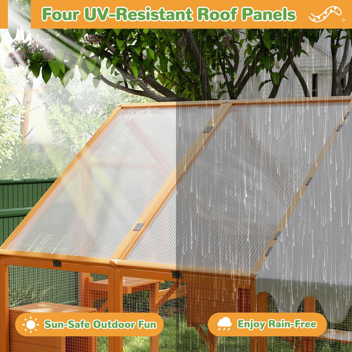 Extra Large Catio Outdoor Cat Enclosure, 53.5ft² Large Cat Run Wooden Cat House with Weatherproof Roof, Walk-in Doors with Lock, Window Access, 110" L x 71" W x 74" H, Orange Nyeekoy