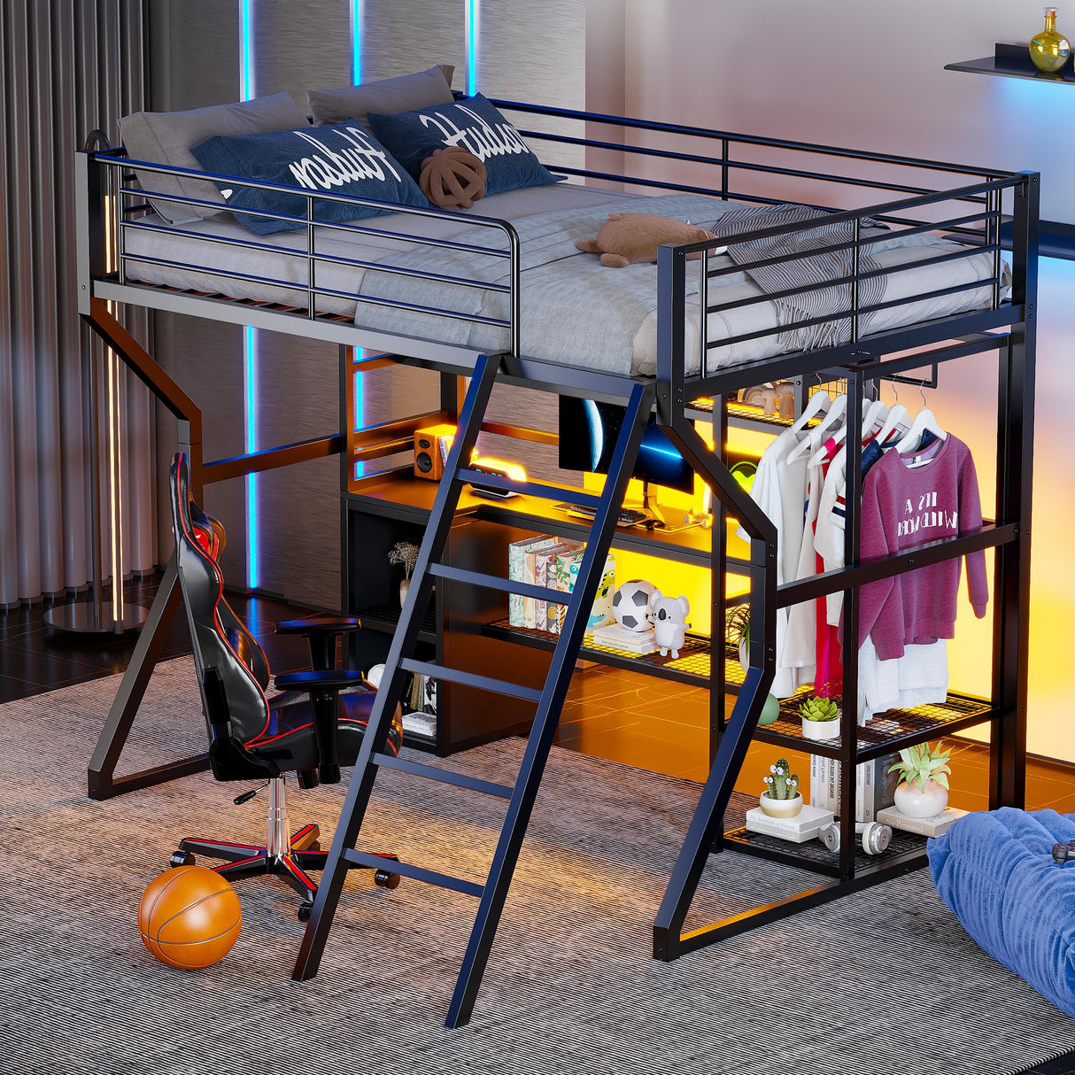 HZXINKEDZSW Full Size Metal Gaming Loft Bed with Built-in Work Station,Open Wardrobe,LED and Multiple Storage,Modern Bed Frame with Safety Guardrail for Kids Teen Bedroom Furniture (Black-15, Full) HZXINKEDZSW
