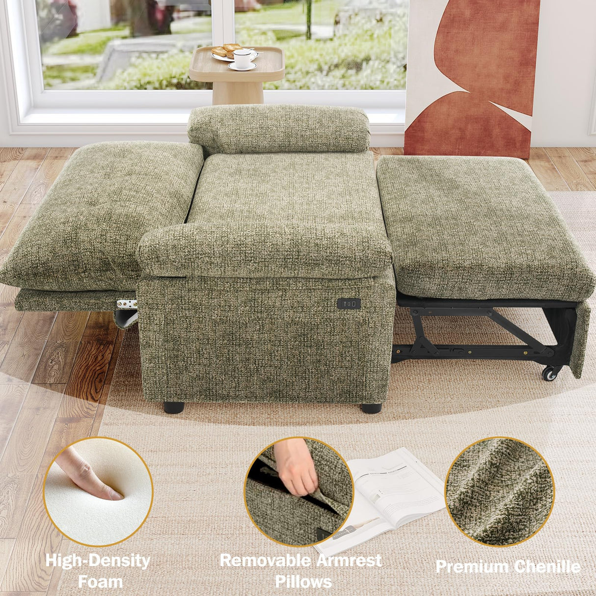 Sunny Heart Chenille 3 in 1 Convertible Sleeper Sofa Bed, Pull Out Couch Bed with USB Ports, Reclining Backrest, Side Pockets, Tool-Free Assembly, Loveseat Perfect for Living Room, Green Sunny Heart