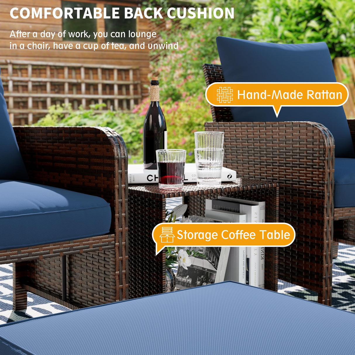 UDPATIO 5 Piece Patio Furniture Set, Outdoor Patio Conversation Rattan Chair with Ottomans w/Storage Coffee Table for Patio, Space Saving Design for Balcony Poolside Front Porch Deck, Navy UDPATIO