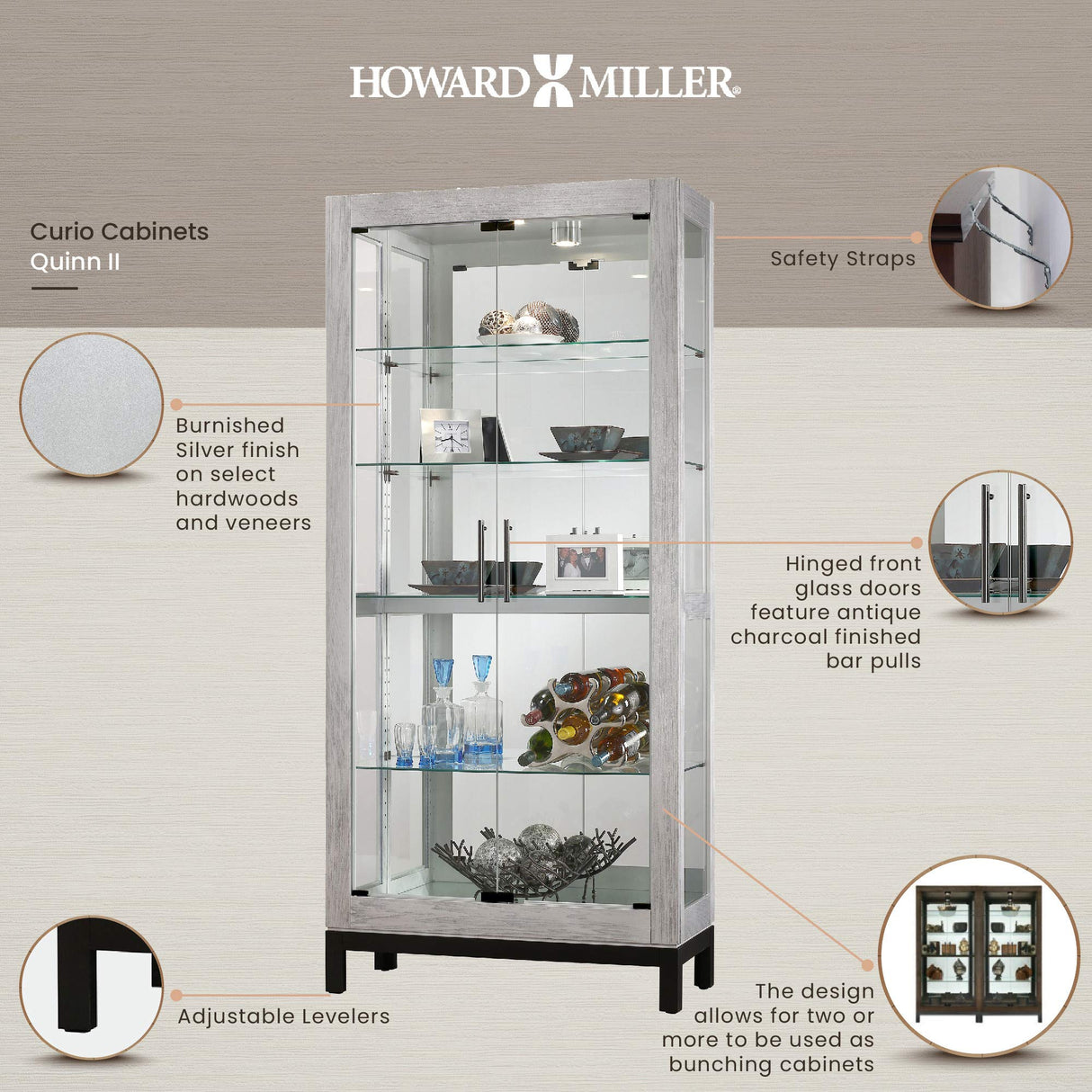 Howard Miller Quinn II Curio Cabinet 680-599 – Burnished Silver Finish Home Decor, Four Glass Shelves, Five Level Display Case, No-Reach Roller Halogen Light Howard Miller
