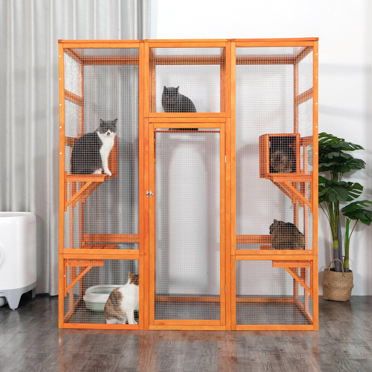 COZIWOW 70" Wooden Extra Large Outdoor Cat Cage Catio with Perche&Condo, Assembled Play Run Cat Enclosure Indoor Kitty Window Kennel with Waterproof Roof, 7 Platforms & 2 Resting Box(Orange) COZIWOW