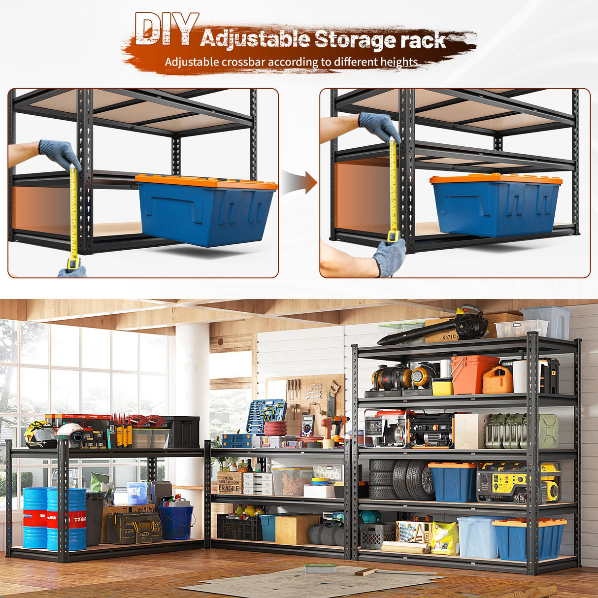 REIBII 48.2" W Garage Shelving, Storage Shelves Load 3000LBS, Adjustable Garage Shelving Heavy Duty for Pantry, Basement, Warehouse, 48.2" W X 71.9" H X 24" D, Black REIBII