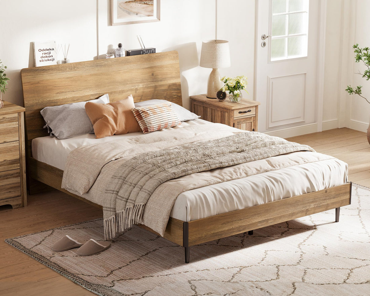LINSY Wood Full Size Bed Frame with Ergonomic Headboard, Farmhouse Beds Frame Full with Storage Shelf, 45-Min Fast Assembly Wood Bed Full, Noise-Free, No Box Spring Needed - Brown LINSY