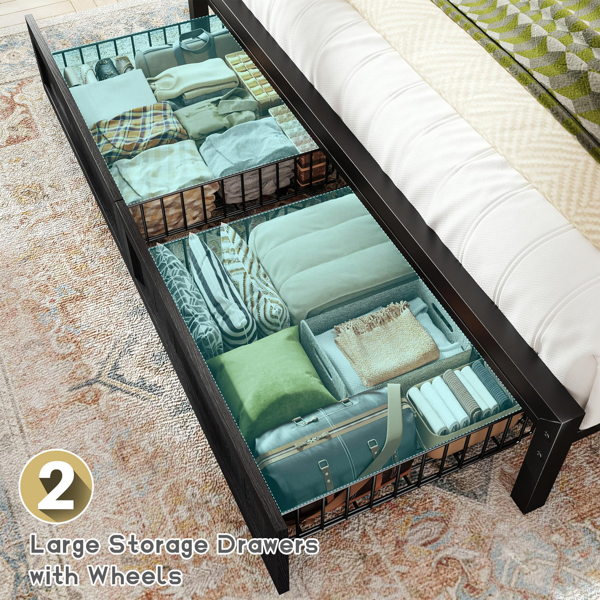 Homkdom Farmhouse Full Size Bed Frame with 2 Storage and LED Lights, Full Bed Frame with Headboard Built in Charging Station,Easy Assembly, No Box Spring Needed, Black Homkdom