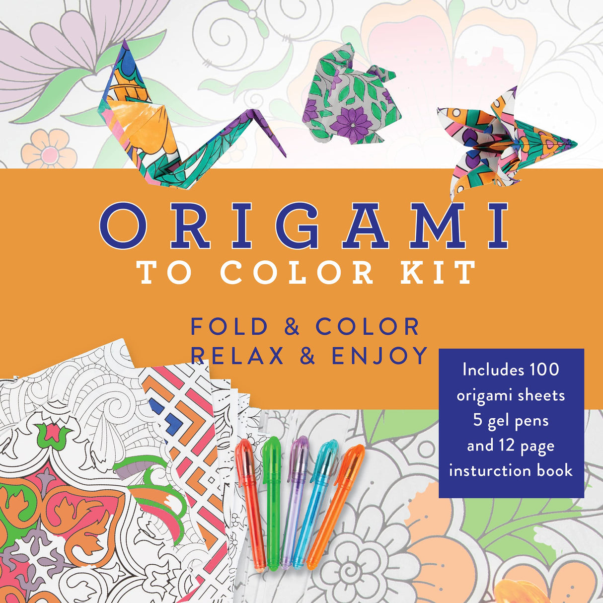 Origami to Color Kit: Includes 100 Origami Sheets, 5 Gel Pens, and 12 Page Instruction Book WoodArtSupply