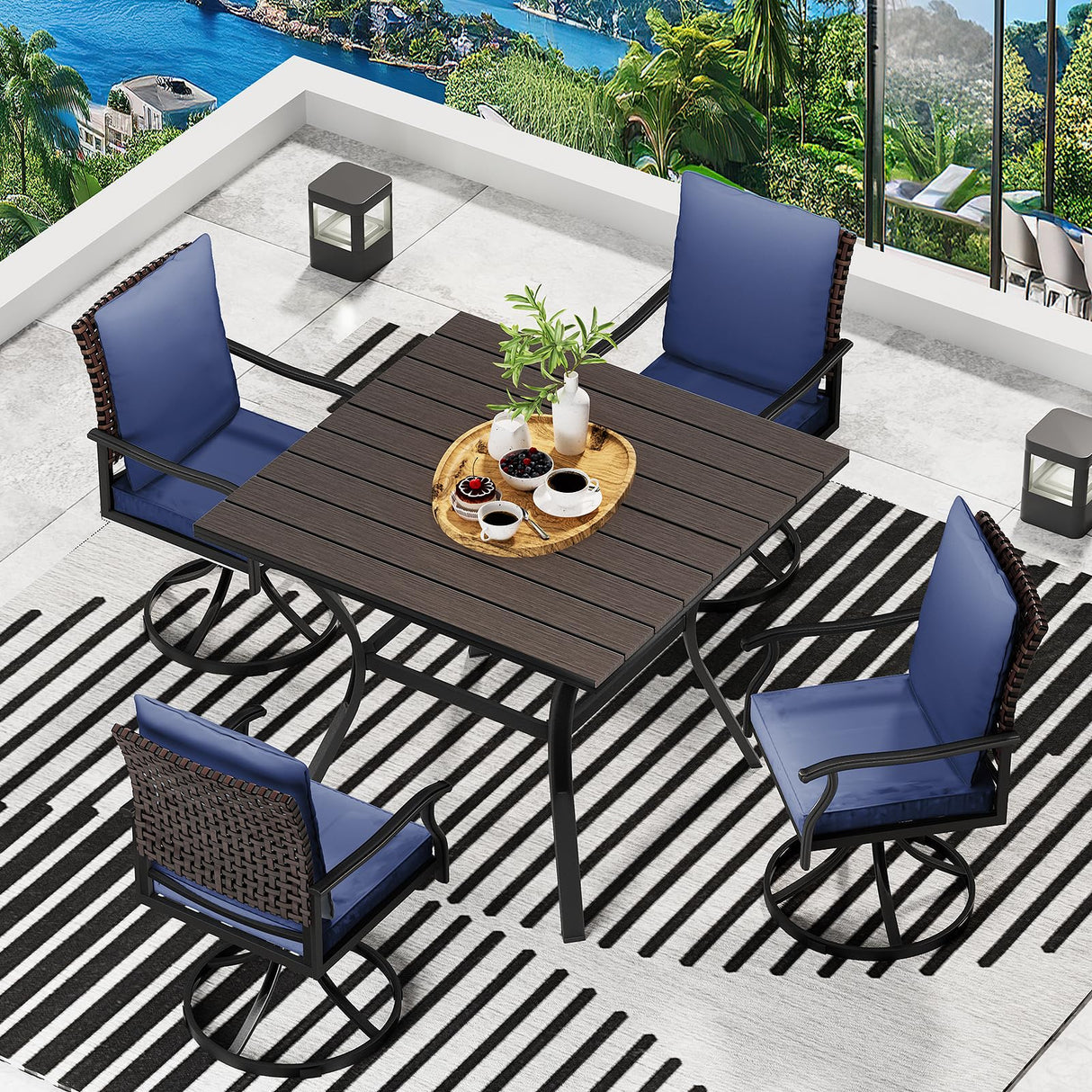 LEVELEVE 5 Piece Outdoor Patio Dining Set with 4 Swivel Dining Chairs & 1 Large Square Dining Table,Bistro Furniture Set for Lawn, Garden, Deck, Backyard and Porch LEVELEVE